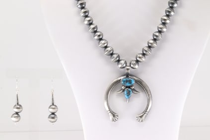 Native America Navajo Sterling Silver Kingman Turquoise Naja Necklace & Earring's Set By Gilbert