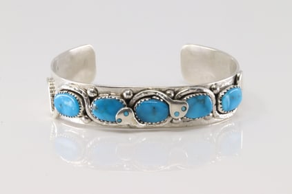 Native America Zuni Sterling Silver Kingman Turquoise Bracelet Cuff By Effie C.