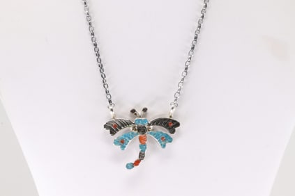 Native America Zuni Sterling Silver Multi-Color Stone Dragonfly Necklace By Tamara Pinto.