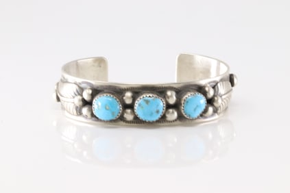 Native American Navajo Sterling Silver Kingman Turquoise Bracelet 3 Stone Cuff By Wilbert Meyers.