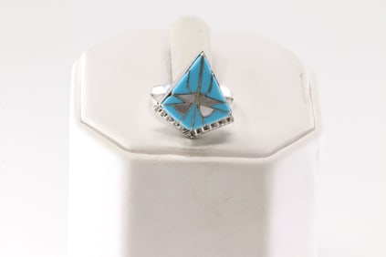 Native American Zuni Sterling Silver Turquoise Inlay Ring By Diana Quam.