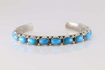 Native America Navajo Sterling Silver Kingman Turquoise Bracelet Cuff By E.J.W.