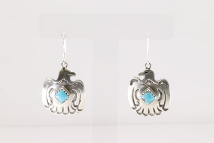Native America Navajo Sterling Silver Turquoise Thunderbird Dangling Earring's By Verley Betone.