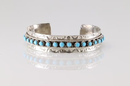 Native America Zuni Sterling Silver Turquoise Bracelet Cuff By P.Ukestine.