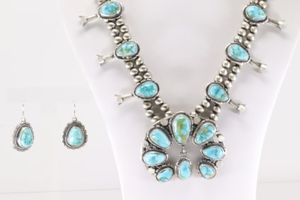 Native America Navajo Sterling Silver Sonora Gold Turquoise Squash Blossom Necklace & Earring's Set
