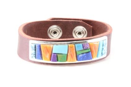 Native America Navajo Sterling Silver Multi-Color Stone Inlay Leather Bracelet By Edison Yazzie.