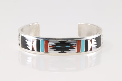 Native America Zuni Sterling Silver Multi-Color Stone Inlay Bracelet Cuff By C.Dishta.