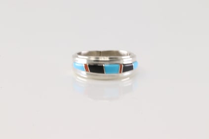 Native America Navajo Sterling Silver Multi-Color Stone Inlay Ring By Wilbert Muskett Jr.