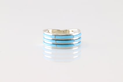 Native America Zuni Sterling Silver Turquoise Inlay Ring By Bevis Massie.