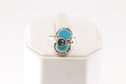Native America Zuni Sterling Silver Turquoise Ring 2 Stone By Gayle Calavaza.