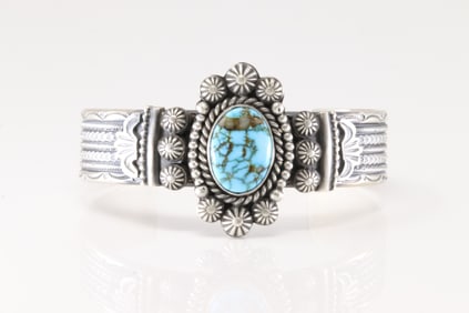 Native America Navajo Sterling Silver Kingman Turquoise Bracelet Cuff By Michael Calladitto.