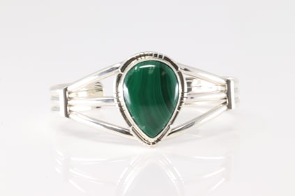 Native America Navajo Sterling Silver Green Malachite Bracelet Cuff By S.E.