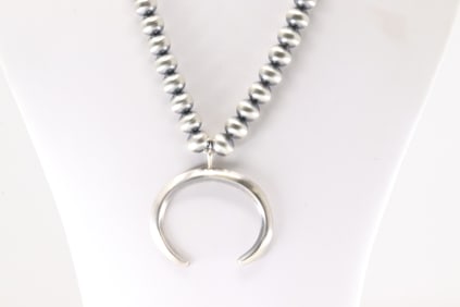 Native American Navajo Sterling Silver Pearl Beaded Naja Necklace By Rena Begay.