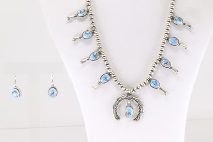 Native America Navajo Sterling Silver Golden Hill Baby Squash Blossom Necklace & Earring's Set By