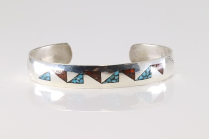 Native America Navajo Sterling Silver Coral & Turquoise Bracelet Cuff By Joleen Yazzie.