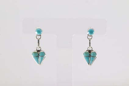 Native America Zuni Sterling Silver Turquoise Post / Dangling Heart Earring's By Velda Nastacio.