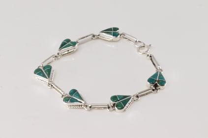Native America Zuni Sterling Silver Turquoise Inlay Heart Bracelet Link By RVN.