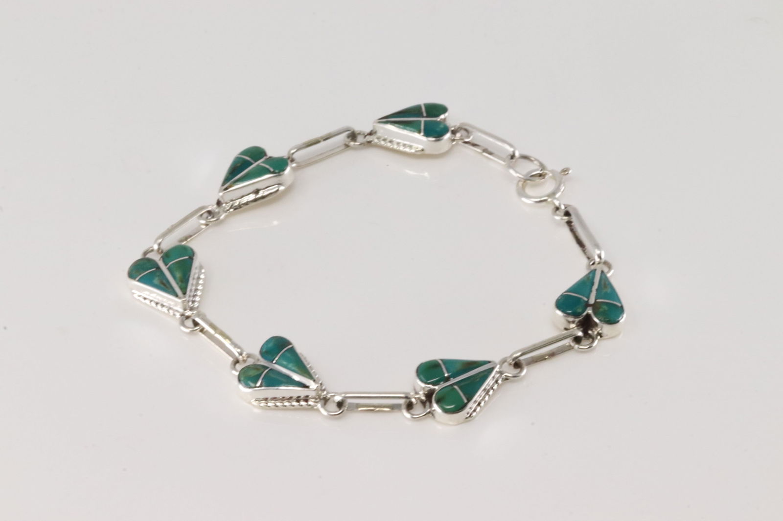 Native America Zuni Sterling Silver Turquoise Inlay Heart Bracelet Link By RVN. (1 of 4)