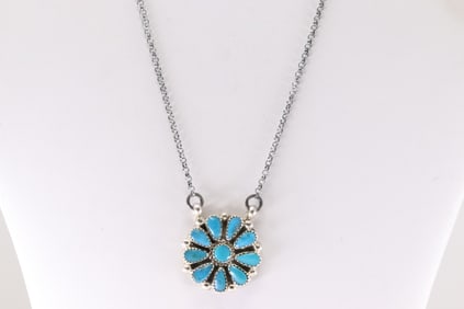 Native America Navajo Sterling Silver Turquoise Flower Necklace By Alicia Wilson.