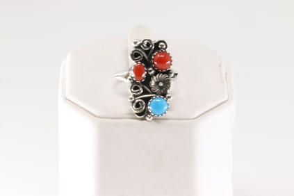 Native America Navajo Sterling Silver Coral & Turquoise Ring By Calvin Belin.