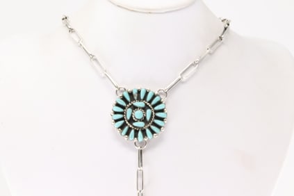 Native America Navajo Sterling Silver Turquoise Necklace By Loretta Delgarito.