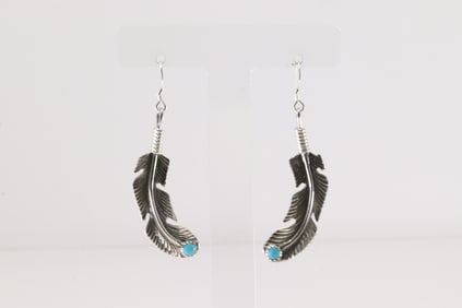 Native America Navajo Sterling Silver Turquoise Feather Dangling Earring's By Louise Joe.