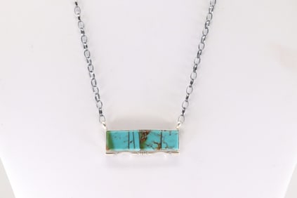 Native America Navajo Sterling Silver Turquoise Inlay Necklace By Steve Francisco.