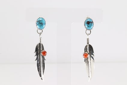 Native America Navajo Sterling Silver Coral & Turquoise Post / Dangling Earring's By Sharon