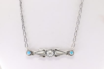Native America Navajo Sterling Silver Turquoise Necklace By Marita Benally.
