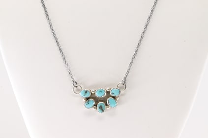 Native American Navajo Sterling Silver Kingman Turquoise Necklace By Maxine Ramirez.