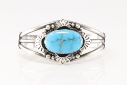 Native America Navajo Sterling Silver Kingman Turquoise Bracelet Cuff By Jimmy Lee.