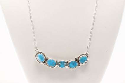 Native America Zuni Sterling Silver Kingman Turquoise Necklace By Effie C.