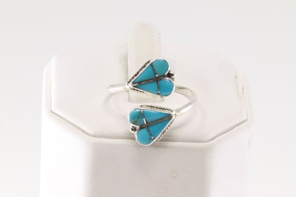 Native America Zuni Sterling Silver Turquoise Inlay Heart Ring By R.V.N.