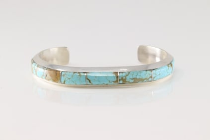 Native America Navajo Sterling Silver Number 8 Turquoise Inlay Bracelet By Brandon Etcitty.