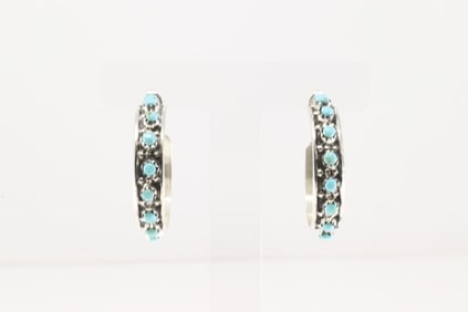Native America Zuni Sterling Silver Turquoise Hoop Earring's By Joan Cheama.