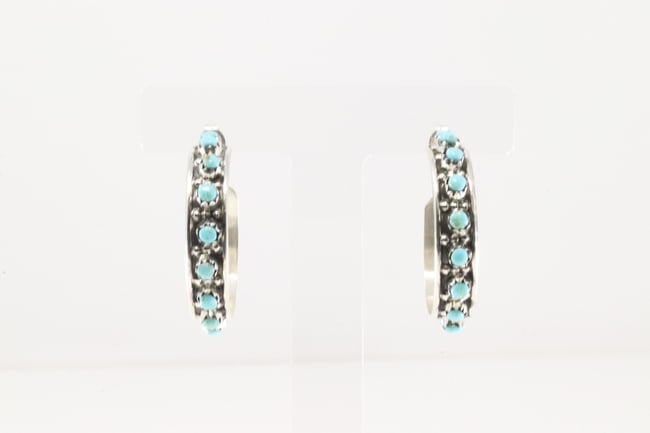 Native America Zuni Sterling Silver Turquoise Hoop Earring's By Joan Cheama.: This is a Native America Zuni Sterling Silver Turquoise Hoop Earring's By Joan Cheama.