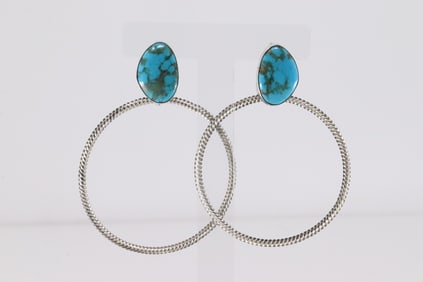 Native America Navajo Sterling Silver Turquoise Hoop Post / Dangling Earring's By Verley Betone.
