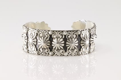 Native America Navajo Sterling Silver Stamped Bracelet Cuff By Bobby Platero.