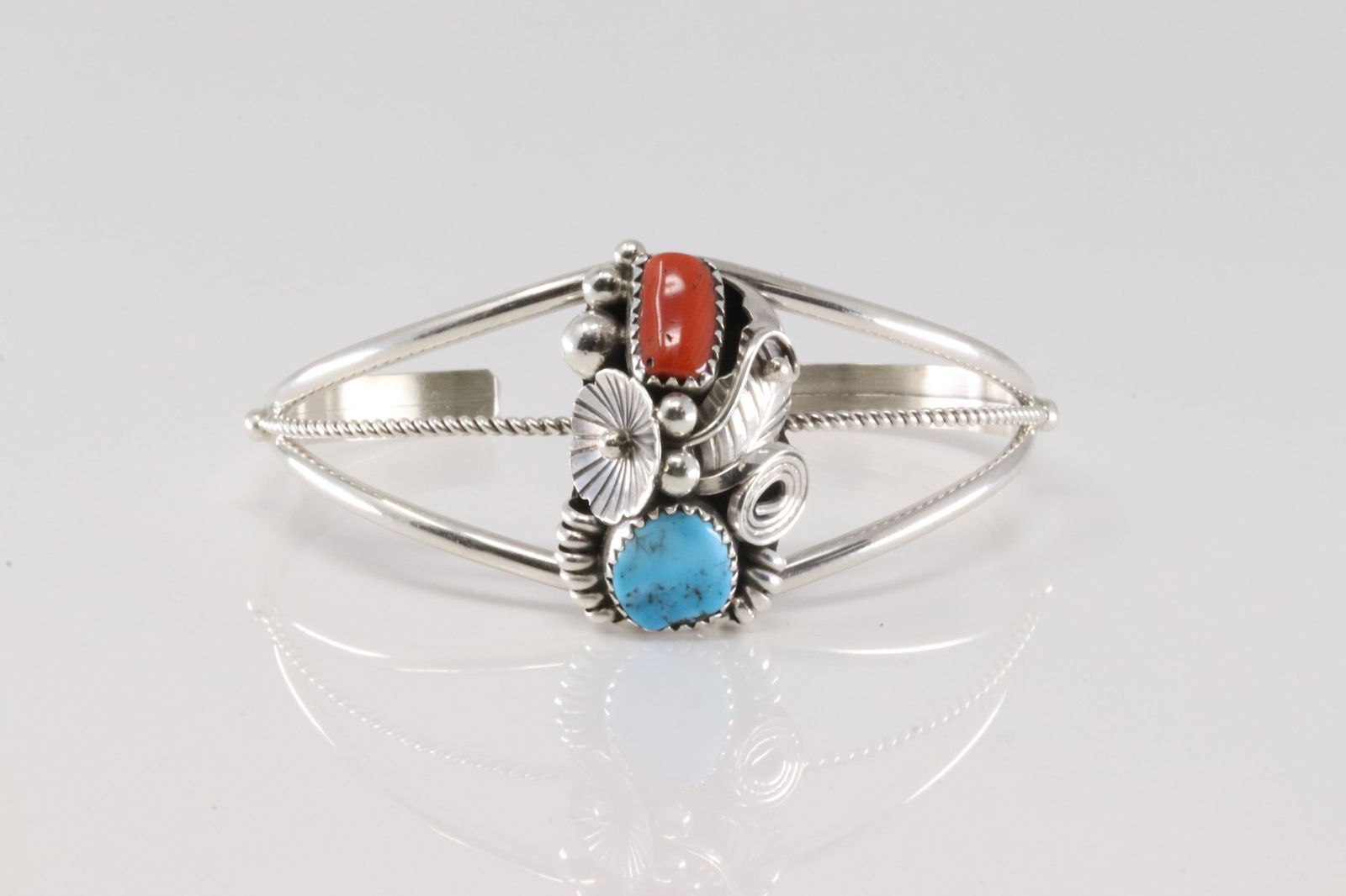Native America Navajo Sterling Silver Coral & Turquoise Bracelet Cuff By Max Calladito. (1 of 4)