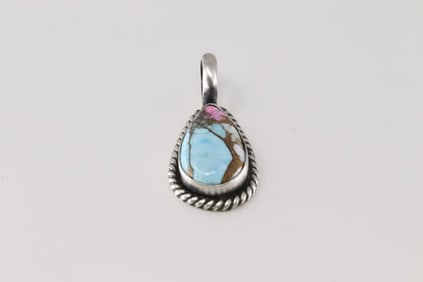 Native America Navajo Sterling Silver Turquoise Compressed Pendant By Dixon.
