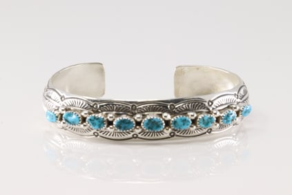 Native America Navajo Sterling Silver Turquoise Bracelet Cuff By G.S.