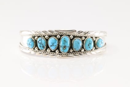 Native America Navajo Sterling Silver Turquoise Bracelet Cuff By Anita Whitegoat.