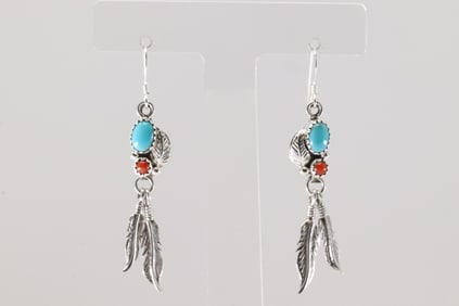 Native America Navajo Sterling Silver Coral & Turquoise Dangling Earring's By Rita Largo.