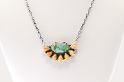 Native America Navajo Sterling Silver Spiny Oyster & Kingman Turquoise Necklace By Geraldine James.