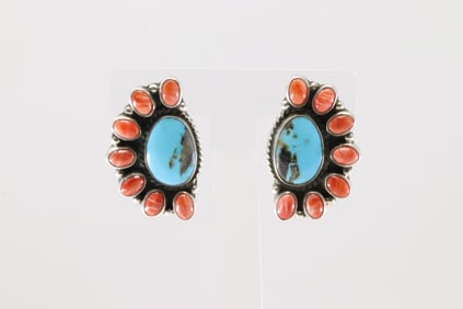 Native America Navajo Sterling Silver Spiny Oyster & Kingman Turquoise Post Earring's By Geraldine