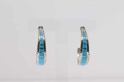 Native American Navajo Sterling Silver Kingman Turquoise Hoop Earring's By Malcolm Chavez.