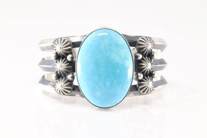 Native America Navajo Sterling Silver Kingman Turquoise Bracelet Cuff By Chimney Butte.