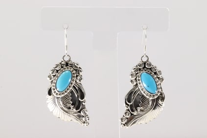 Native America Navajo Sterling Silver Turquoise Leaf Dangling Earring's By Annete Martinez.