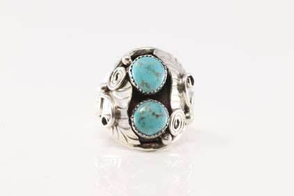 Native America Navajo Sterling Silver Turquoise Ring 2 Stone By B.