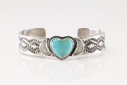 Native America Navajo Sterling Silver Kingman Turquoise Heart Bracelet Cuff By Sunshine Reeves.